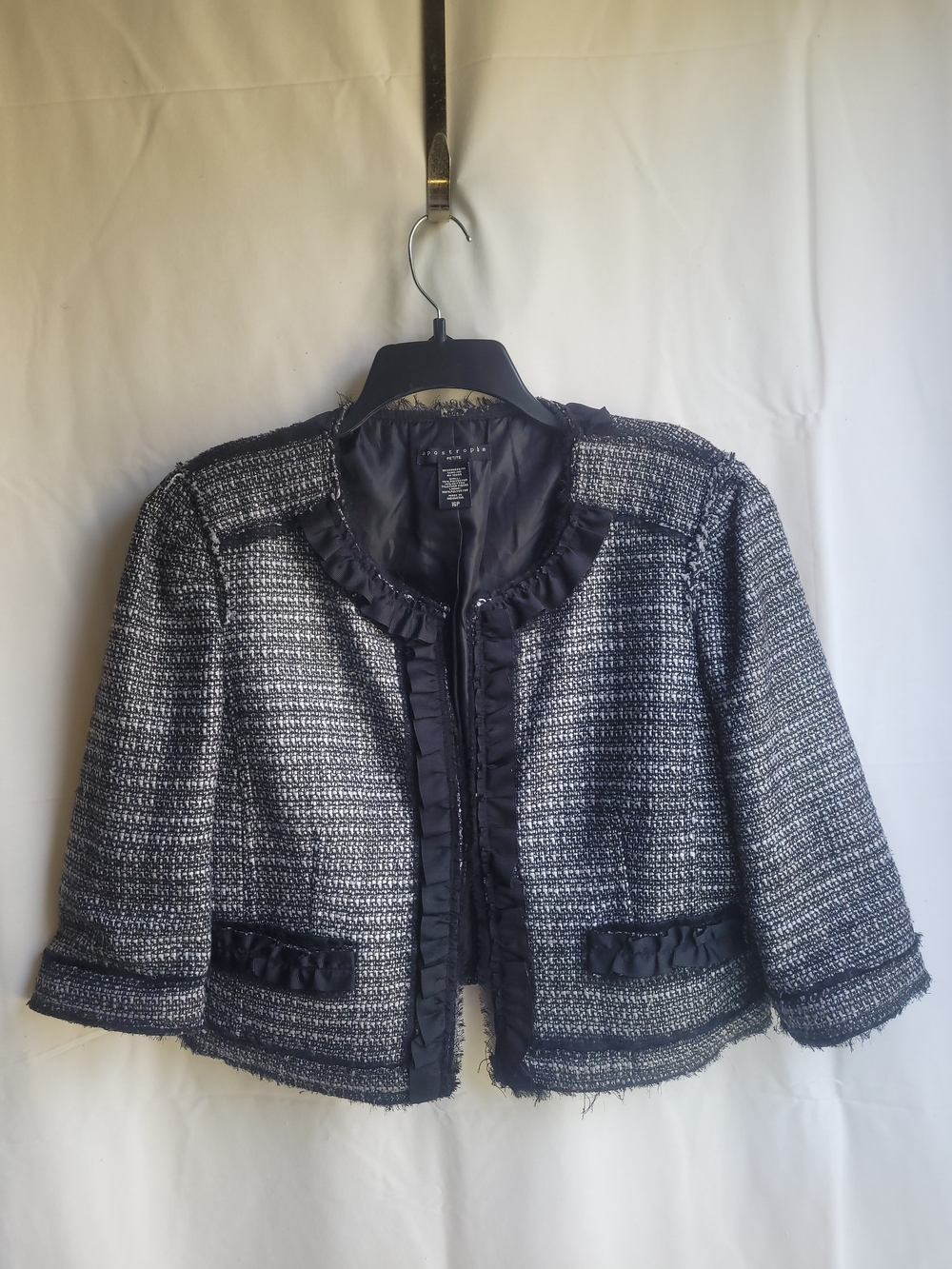 Apostrophe Black and White Tweed Ruffle-Trim Jacket w/ Hook Closure Size 16P